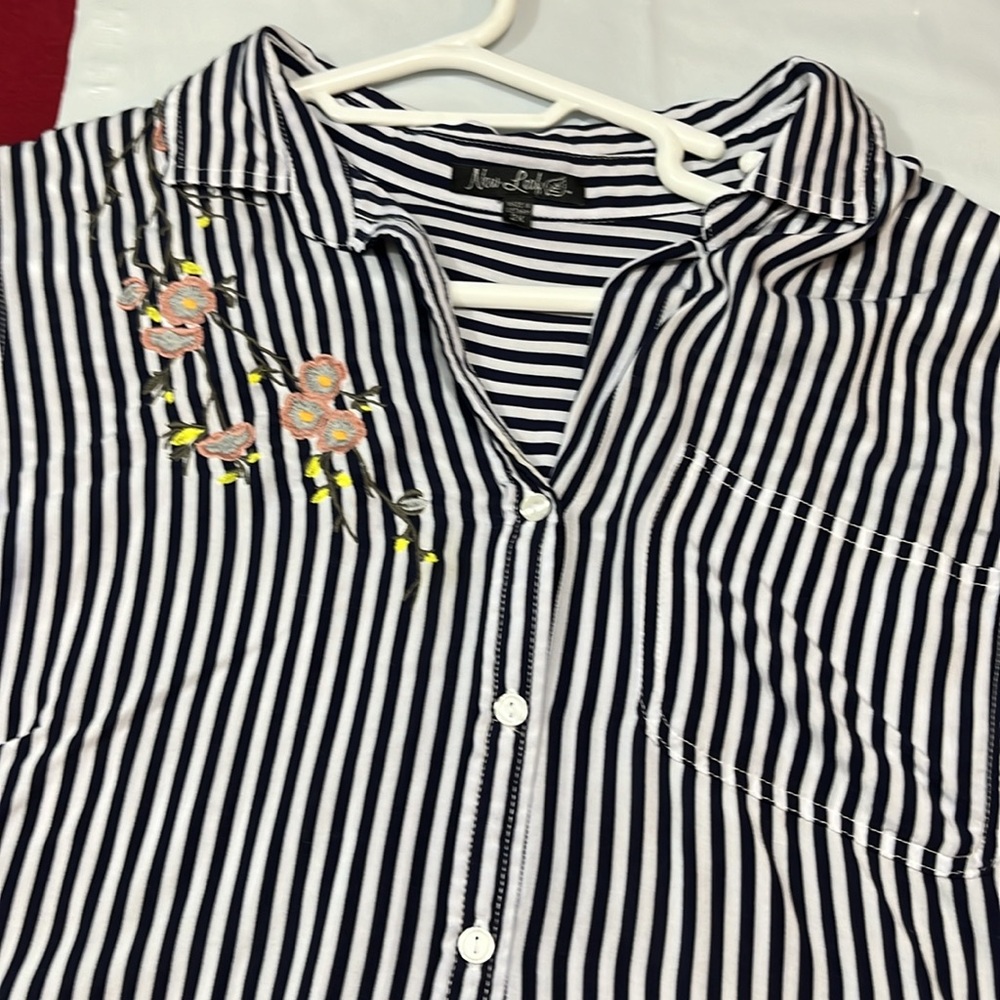 New leaf black vertical striped rayon BLOUSE pink blue floral embroidery 2XL XXL - Picture 6 of 14